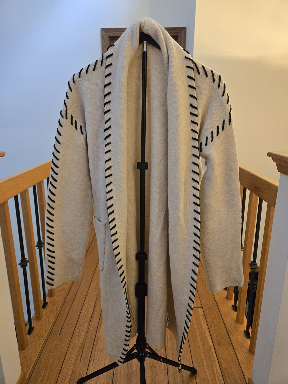 Amazon Cream Open-Front Cardigan with Black Whipstitch Trim